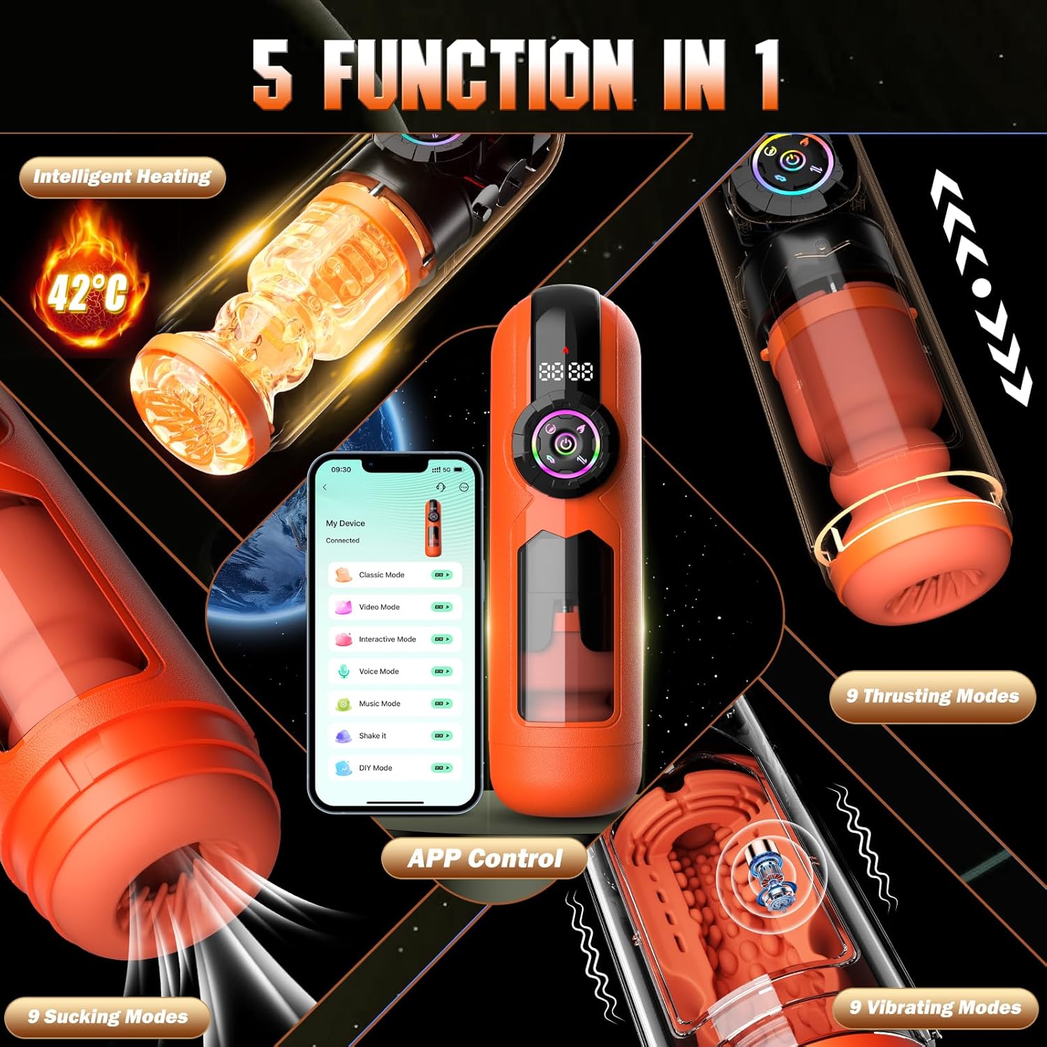 5-in-1 App-gesteuerter Masturbator mit 9 Vibrationsmodi, Leck-, Stoß- und Saugfunktion