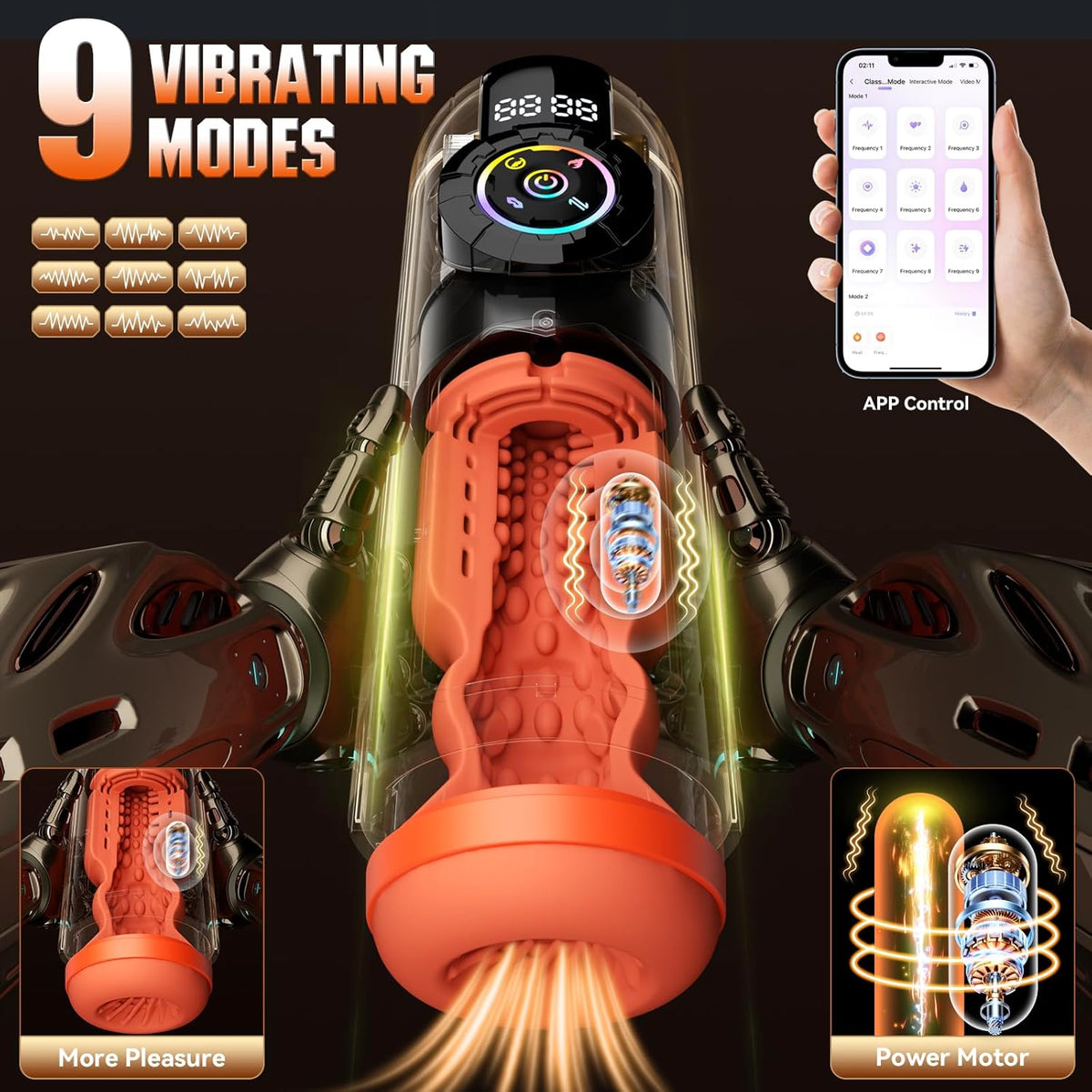 5-in-1 App-gesteuerter Masturbator mit 9 Vibrationsmodi, Leck-, Stoß- und Saugfunktion