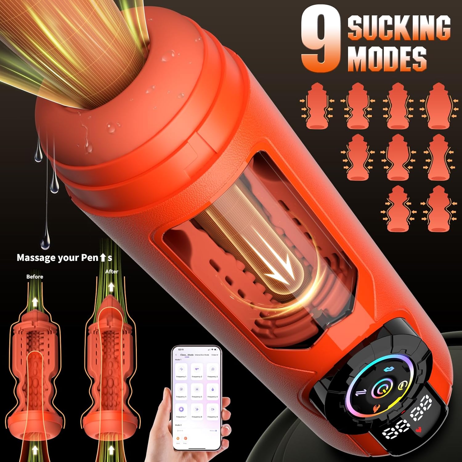 5-in-1 App-gesteuerter Masturbator mit 9 Vibrationsmodi, Leck-, Stoß- und Saugfunktion